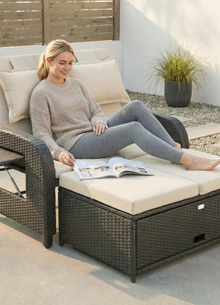 Patio Rattan Daybed, Wicker Outdoor Daybed with Storage Ottoman, Loveseat w/ Adjustable Backrest, Beige