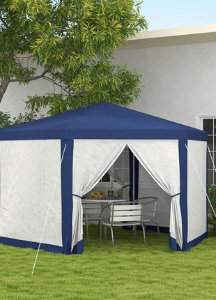 13' x 11' Outdoor Party Tent, Hexagon Sun Shade Shelter Canopy w/ Protective Mesh Screen Sidewalls, Ropes & Stakes, Blue