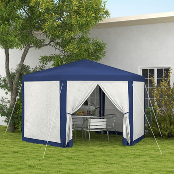 13' x 11' Outdoor Party Tent, Hexagon Sun Shade Shelter Canopy w/ Protective Mesh Screen Sidewalls, Ropes & Stakes, Blue