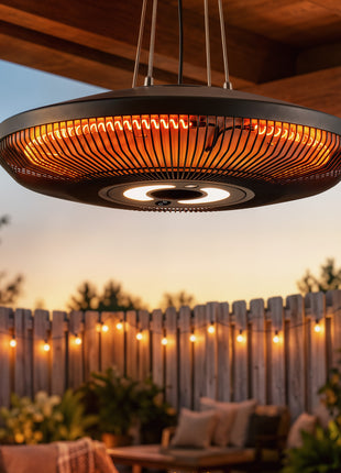 Electric Hanging Patio Heater with LED Light, 750/1500 W IP65 Ceiling Mounted Infrared Outdoor Heater, Black