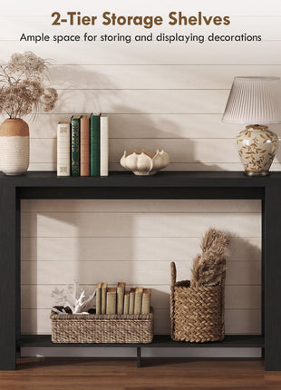 Farmhouse Console Table, 63" Narrow Entryway Table with Thickened Tabletop for Living Room, Hallway, Distressed Black