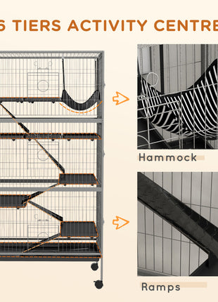 63" H Rolling Small Animal Cage with Hammock, Ferret Cage, Chinchilla Cage, Pet Habitat with 6 Doors, Removable Tray