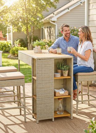5 Piece Wicker Outdoor Bar Set, Acacia Wood Outdoor High Top Table and Chairs with 3 Tier Shelves, Cushions, Brown