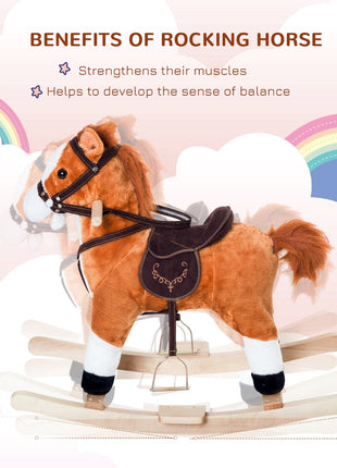 Kids Plush Toy Rocking Horse, Wooden Ride-on Chair, Plush Animal Rocker with Realistic Sounds and Moving Tail for Toddlers, Brown