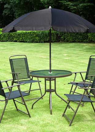 6 Piece Patio Dining Set for 4 with Umbrella, Outdoor Table and Chairs with 4 Folding Dining Chairs & Round Glass Table for Garden, Backyard and Poolside, Black and Coffee