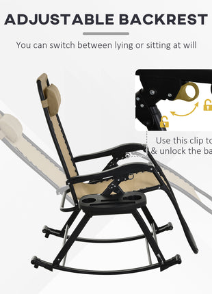 2 Outdoor Rocking Chairs Foldable Reclining Zero Gravity Lounge Rockers w/ Pillow Cup & Phone Holder, Beige