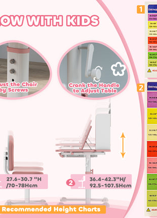 Height Adjustable Kids Desk and Chair Set for Writing Drawing w/ Tilt Desktop, Storage Drawer and Reading Rack, Pink