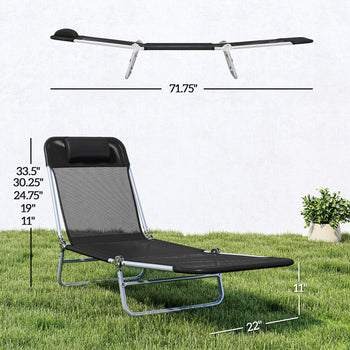 Folding Chaise Lounge Chair, Portable Tanning Chair with Adjustable Backrest, Pillow for Beach Poolside Patio, Black