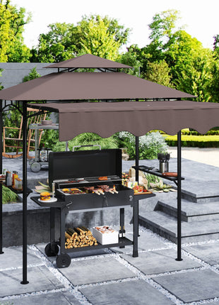 8' x 7.6' Outdoor Grill Gazebo, Barbecue Gazebo Shelter with Side Awning, 2 Side Shelves and 6 Hooks, Brown