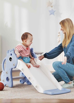 3-in-1 Toddler Slide for Age 1-3, Freestanding Kids Slide with Climber, Basketball Hoop and Ball, Giraffe Design, Blue