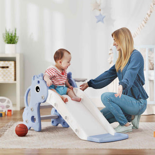 3-in-1 Toddler Slide for Age 1-3, Freestanding Kids Slide with Climber, Basketball Hoop and Ball, Giraffe Design, Blue