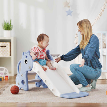 3-in-1 Toddler Slide for Age 1-3, Freestanding Kids Slide with Climber, Basketball Hoop and Ball, Giraffe Design, Blue