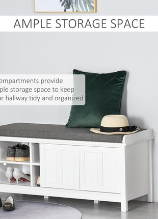 Entryway Shoe Bench Storage Ottoman with Sliding Doors, Adjustable Shelving, 6 Compartments, and Padded Seat, Holds 10 Pairs, White
