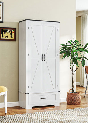 72" Farmhouse Pantry Cabinet with Adjustable Shelves, Kitchen Pantry Cabinet with 2 Doors, Distressed White