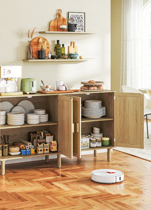Bohemian Sideboard, 62.2" Buffet Cabinet with 4 Rattan Doors and Shelves for Living Room, Hallway, Natural