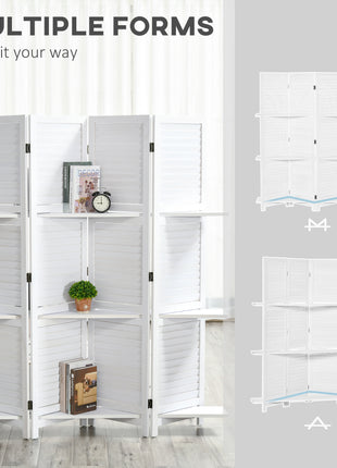 4 Panel 67" Tall Wood Privacy Screen Room Divider with 3 Shelves and Folding Storage for Bedroom, White