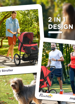 3 Wheels Pet Stroller for Small Dogs and Medium Dogs with Adjustable Canopy, Safety Tether, Storage Basket, Red