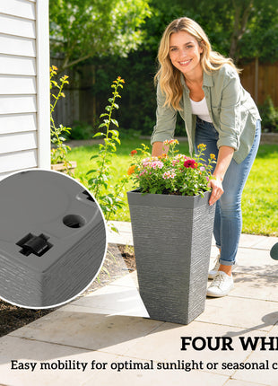 22.8 Inch Set of 3 Outdoor Planters with Stone Finish and Wheels, Stackable Tapered Planters with Drainage Hole, Gray