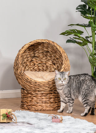Handwoven Elevated Cat Bed with Soft Cushion & Egg Chair Shape, Basket Bed Kitty House with Stand, Raised Wicker House for Indoor Cats, 23.5" H, Light Brown