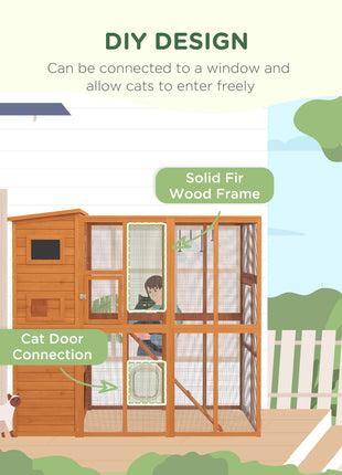 Wooden Outdoor Catio with Platforms, Asphalt Roof, Ramps, Natural