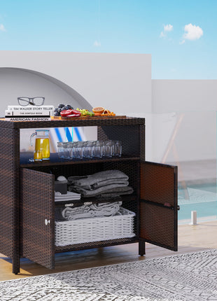 Outdoor Storage Cabinet with Acacia Wood Top, Two Doors, Shelf, Wicker Bar Table for Pool Towel Storage, Brown