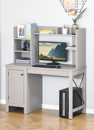 Computer Desk W/ Hutch, Home Office Desk W/ Storage Cabinet, Light Grey