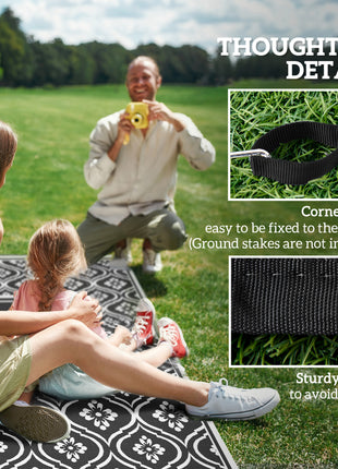 Reversible Outdoor Rug, Waterproof Plastic Straw with Carry Bag, 9' x 18', Black & White Gourd Border