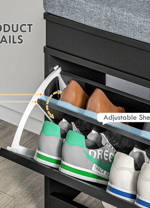 Modern Shoe Storage Bench, Entry Way Bench with Cushion, 2 Drawers, Storage Ottoman Bench, Holds 8 Pairs, Black