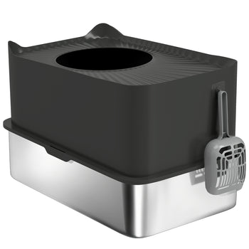 Extra Large Stainless Steel Litter Box, Enclosed Cat Litter Box with Scoop, Top Entrance, Non-slip Pads, Black