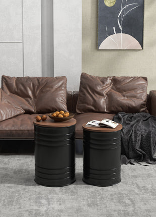 Round Storage Ottoman Set of 2, Nesting Ottomans with Wooden Lid, Metal Frame and Hidden Storage Space for Bedroom