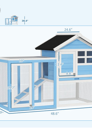 49" Wooden Rabbit Hutch Bunny Cage with Waterproof Asphalt Roof, Fun Outdoor Run, Removable Tray and Ramp, for Rabbits, Chickens, Ducks, Light Blue