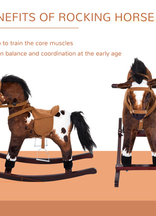 Kids Wooden Plush Ride-On Rocking Horse Chair Toy with Realistic Sounds Dark Brown/White