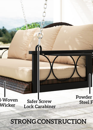 3 Person Wicker Hanging Outdoor Patio Porch Swing Bench with Cup Holders, Cushions, and Chains, Brown