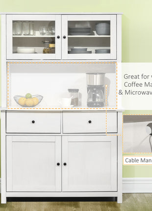 63.5" Kitchen Buffet with Hutch, Pantry Storage Cabinet with 4 Shelves, Drawers, Framed Glass Doors, Open Microwave Countertop, Antique White