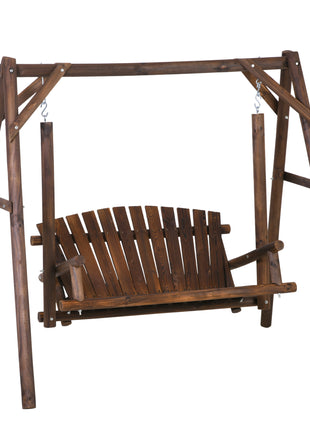 2-Seat Wooden Swing Bench, Ergonomic Design, 'A' Frame Construction, Stable and Non-Slip, Solid Wood Frame Log Garden Swing, for Outdoor and Indoor, Brown