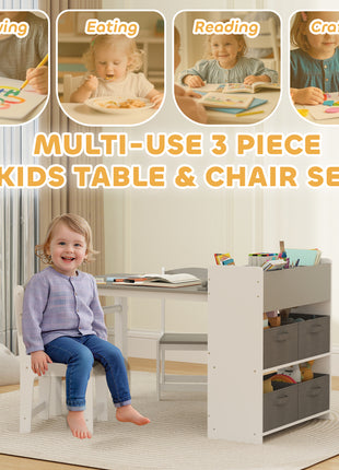 Kids Desk and Chair Set with Paper Roll, Kids Activity Craft Table with Storage Shelves and Drawers, Gray