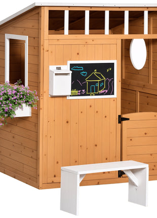 Wooden Playhouse for Kids Outdoor with Working Door, Windows, Mailbox, Bench, Flowers Pot Holder, 48" x 42.5" x 53"