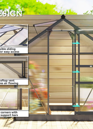 Polycarbonate Greenhouse, Heavy Duty Outdoor Aluminum Walk-in Green House Kit Vent Door, 6.2'x6.2'x6.6' Gray