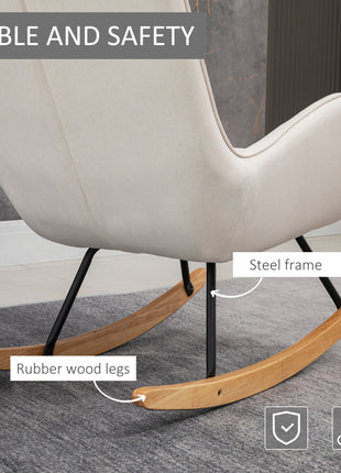 Mid-Century Fabric Rocking Chair Sofa Armchair Tufted Rocker Wingback Accent Chair with Padded Seat, Rubber Wood Base for Home Studio, Bedroom, Living Room, Cream White