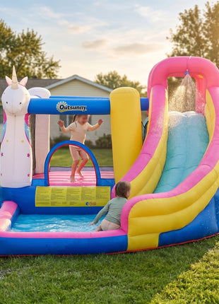 Inflatable Water Slide Bounce House with Trampoline, Climbing Wall, Water Cannon, Basketball Hoop, Splash Pool, 450W Blower, Unicorn Themed Bouncy House for Kids 3-8 Years Old