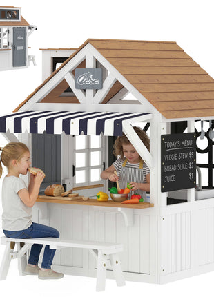 Outdoor Playhouse, Wooden Kids Playhouse with Dog Door, Cookware, Blackboard, Bench, Doorbell for Ages 2+