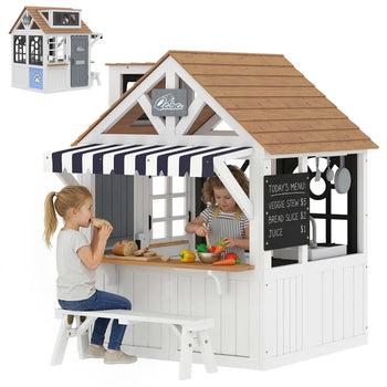 Outdoor Playhouse, Wooden Kids Playhouse with Dog Door, Cookware, Blackboard, Bench, Doorbell for Ages 2+