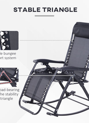 Outdoor Rocking Chairs, Foldable Reclining Zero Gravity Lounge Rocker with Pillow, Cup & Phone Holder, Combo Design with Folding Legs, Black