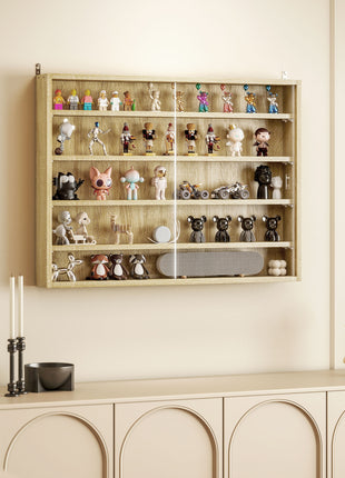 5-Tier Display Cabinet, Wall-Mounted Display Case with 2 Glass Doors and Adjustable Shelves, Oak