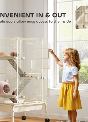 47" Small Animal Cage, 4 Levels Large Rolling Metal Ferret Cage w/ 5.9" Deep Tray, Ramps, Water Bottle, Food Dish, Beige