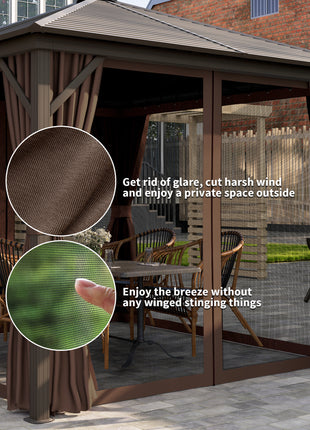 10' x 10' Hardtop Gazebo Canopy, Permanent Pavilion with Hook, Curtains, Aluminum Frame for Patio, Garden, Dark Brown