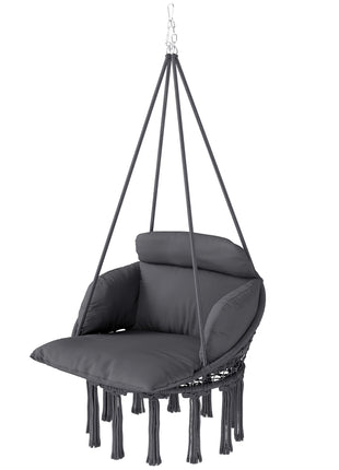 Hammock Swing Chair, Macrame Hanging Chair with Large Cushion, Chain, Steel Frame for Indoor Outdoor Use, Dark Gray