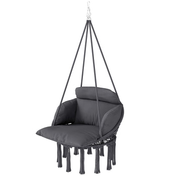 Hammock Swing Chair, Macrame Hanging Chair with Large Cushion, Chain, Steel Frame for Indoor Outdoor Use, Dark Gray