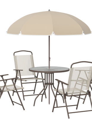 6 Piece Patio Dining Set for 4 with Umbrella, Outdoor Table and Chairs with 4 Folding Dining Chairs & Round Glass Table for Garden, Backyard and Poolside, Beige