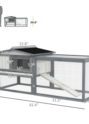 Large Rabbit Cage Outdoor 61"L Guinea Pig Hutch w/ Run Feeding Trough Removable Tray Ramp Asphalt Roof, White